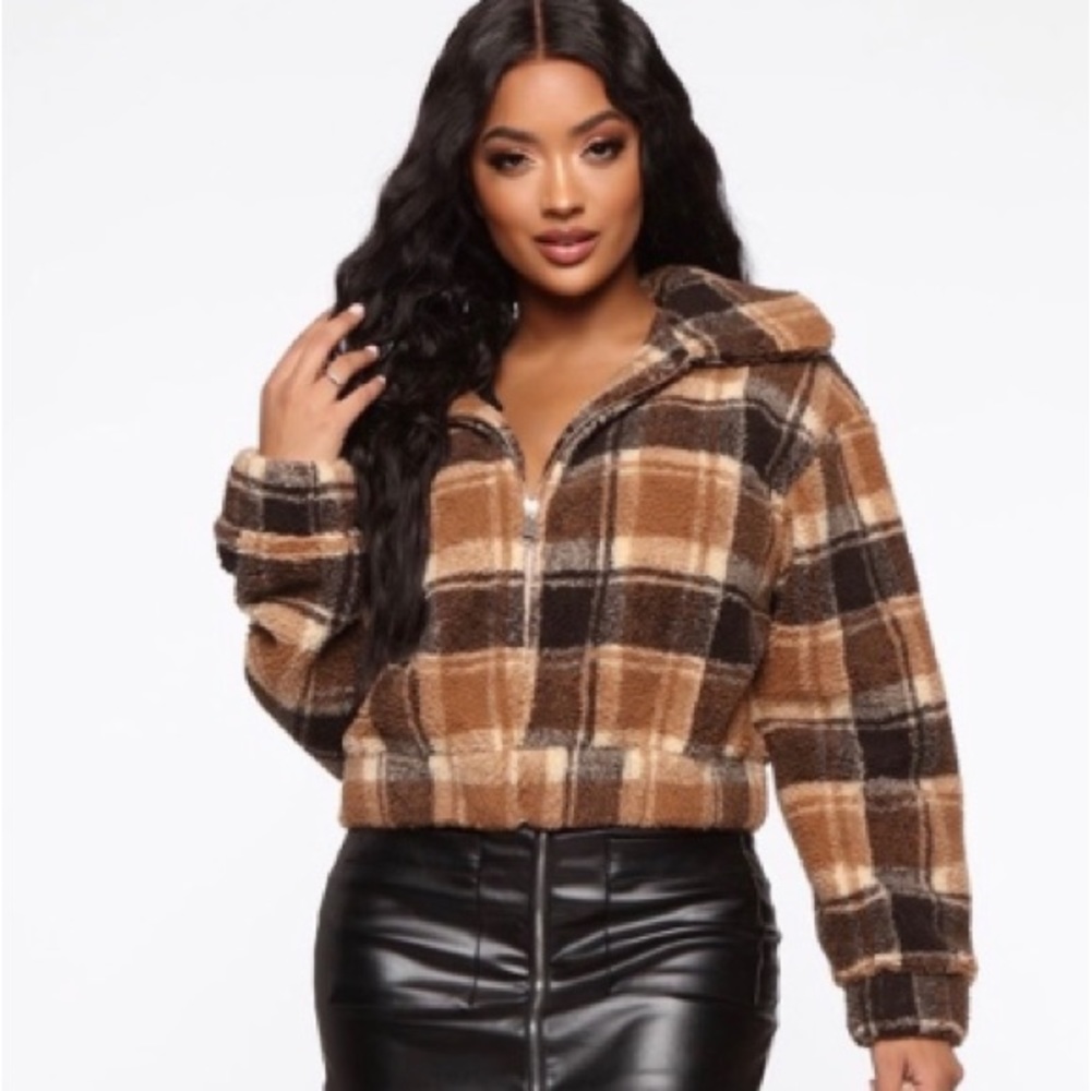 ROMWE 🤎 1/2 Zip Crop Plaid Teddy Jacket - Picture 1 of 14